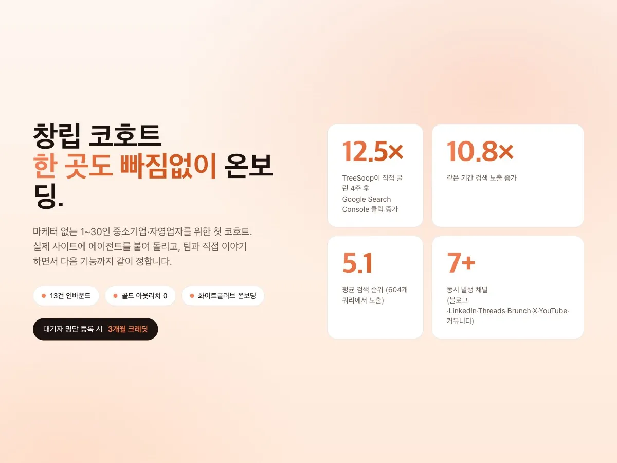 TreeSoop이 직접 굴린 6주 — Google Search Console 12.5× 성장 그래프